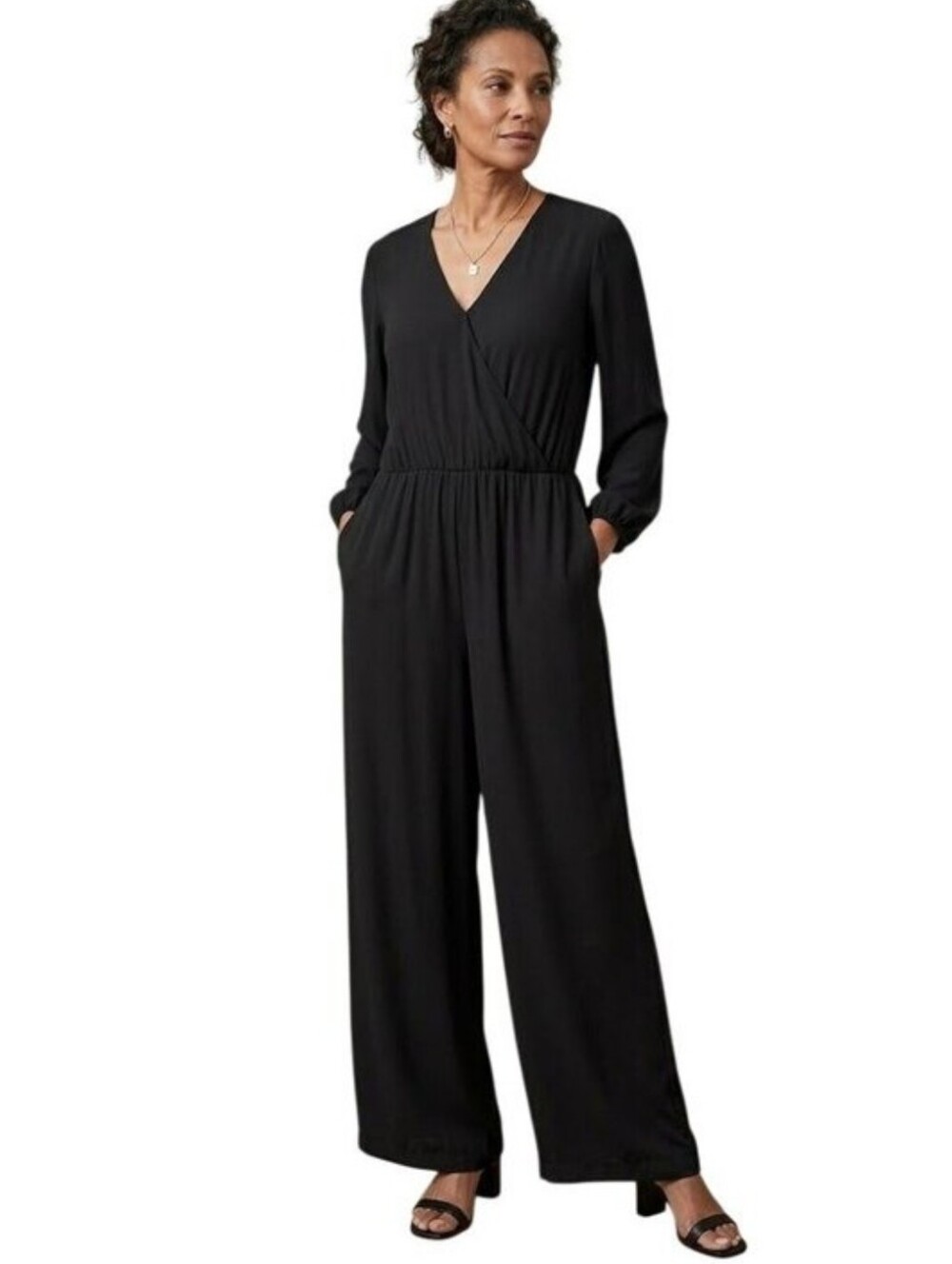 Chico's Black Surplice Faux Wrap Wide Leg Flowy Pants Jumpsuit Size 12
